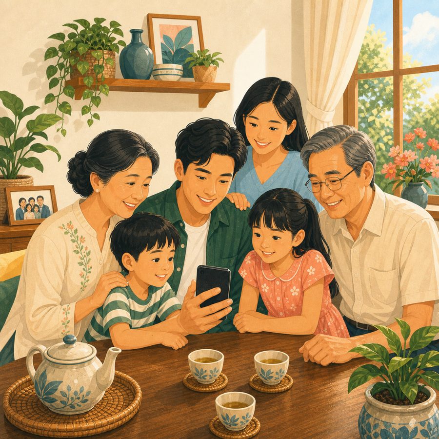 Gia đình ba thế hệ quây quần bên nhau