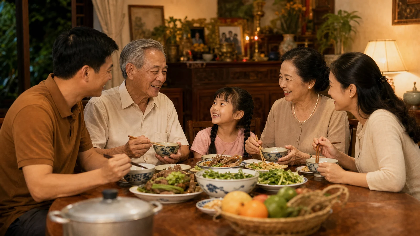 Cả gia đình ba thế hệ quây quần bên bàn ăn tối, ấm áp và bình yên