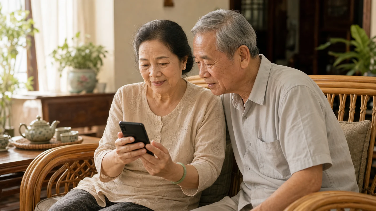 Cặp vợ chồng lớn tuổi cùng xem điện thoại trong phòng khách ấm cúng