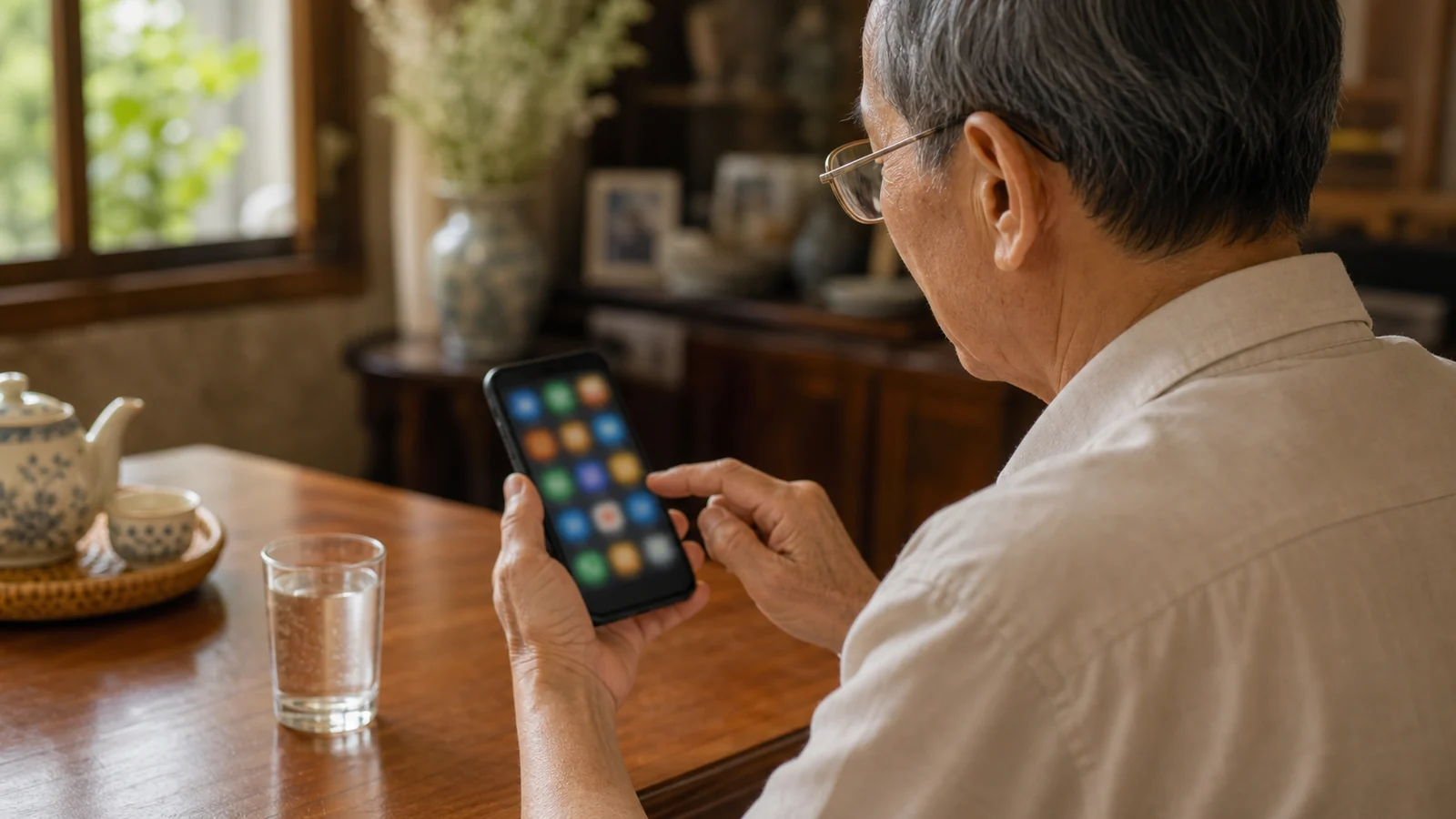 Ông lớn tuổi chạm vào biểu tượng app trên màn hình điện thoại