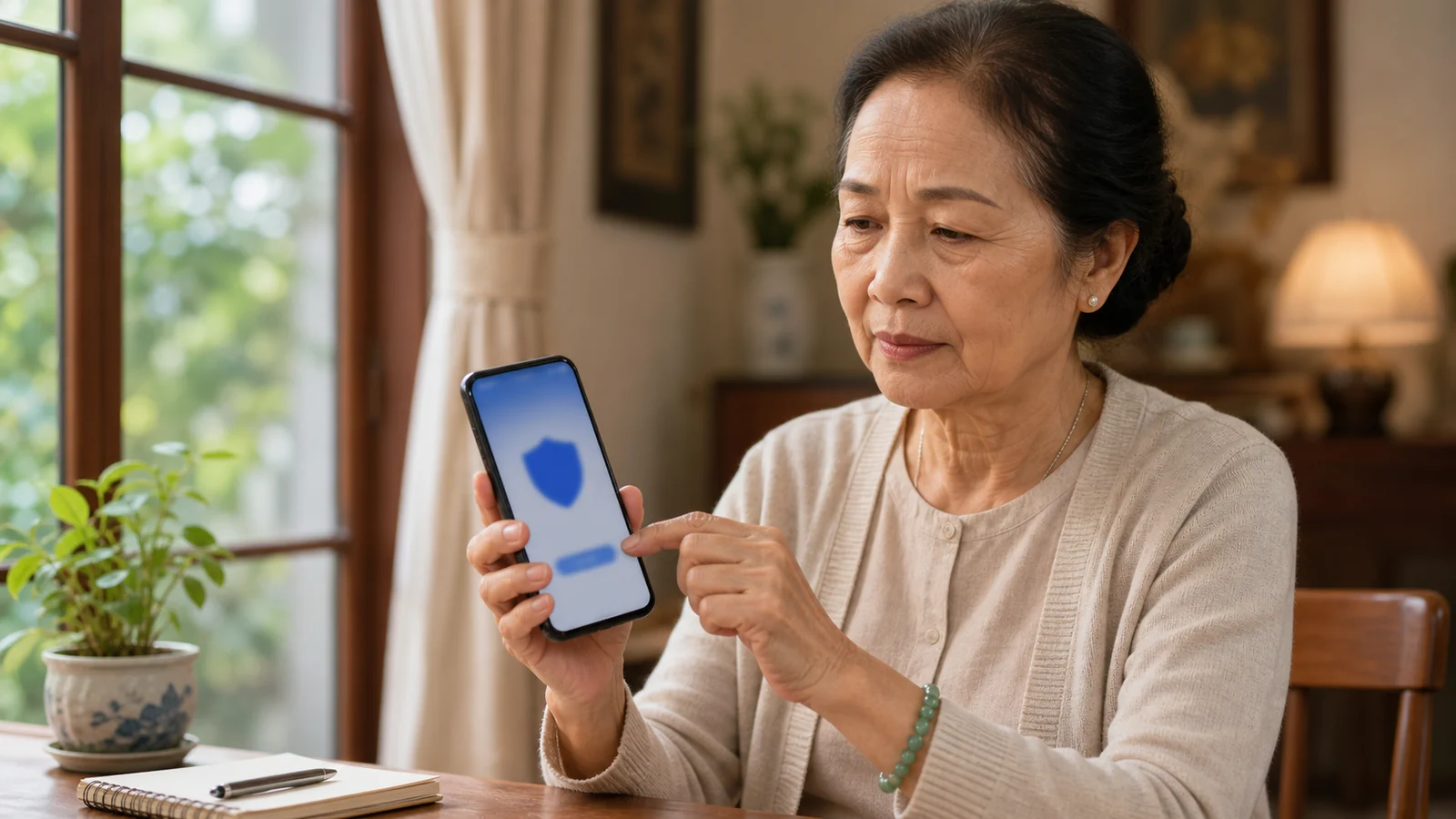 Bà lớn tuổi tải ứng dụng từ kho ứng dụng chính thức trên điện thoại