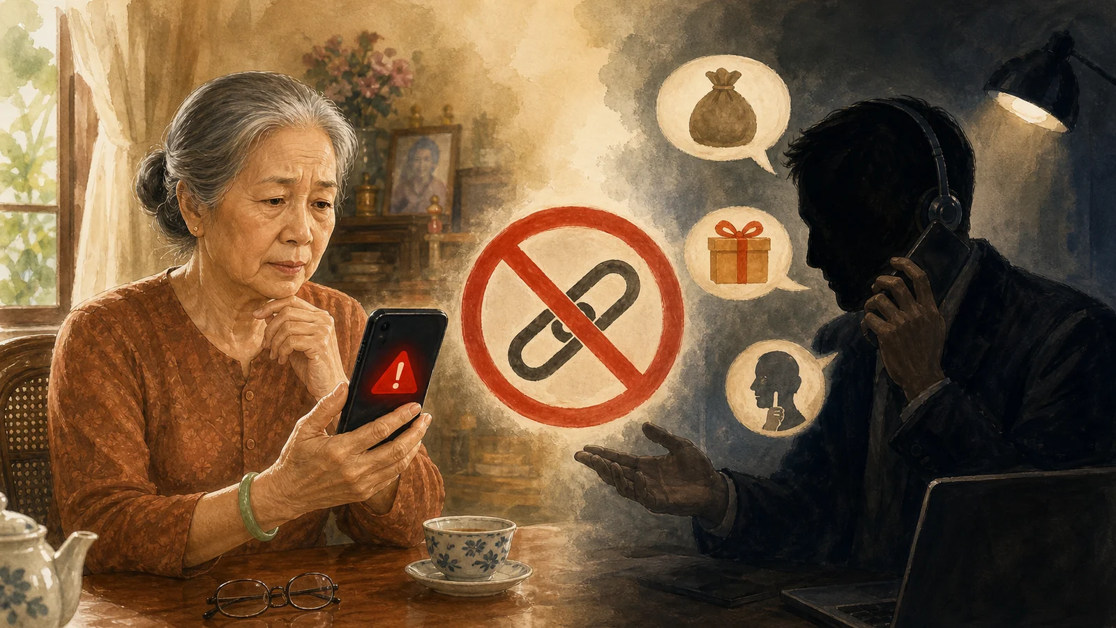 Minh hoạ kẻ gian giục người già bấm link cài app, có biển cấm cảnh báo