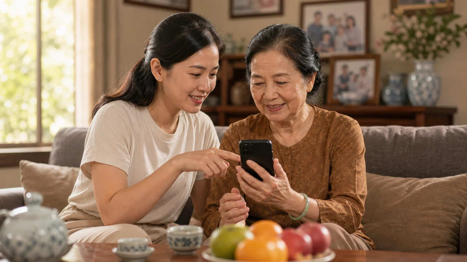 Con gái hướng dẫn mẹ lớn tuổi dùng điện thoại trong không khí gia đình ấm cúng