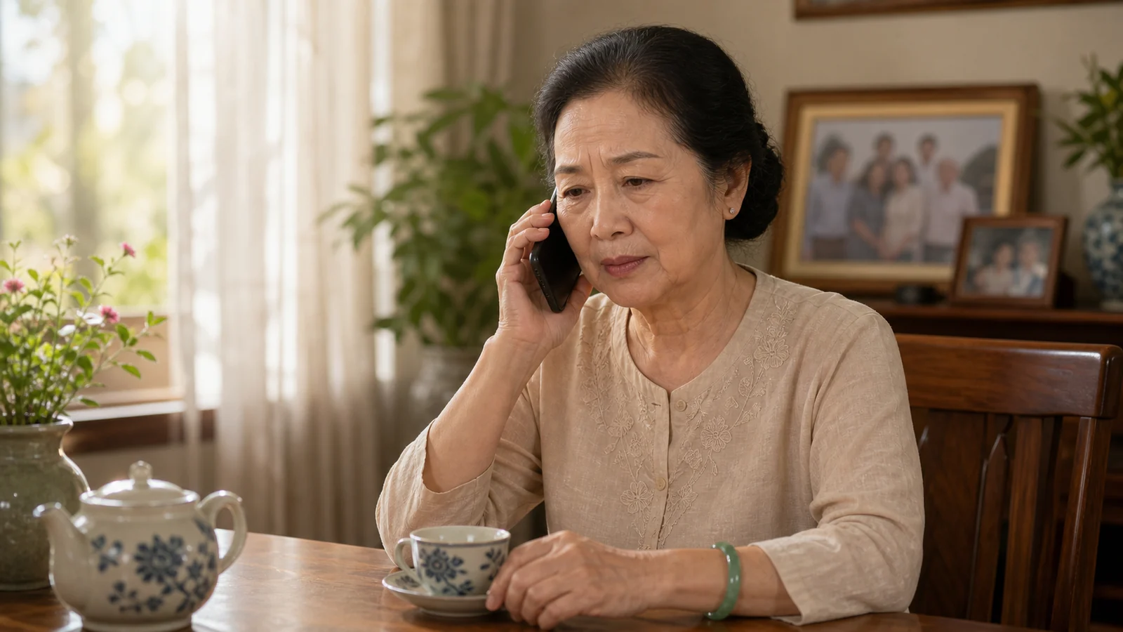 Cụ bà lớn tuổi nghe điện thoại với vẻ lo lắng nhưng bình tĩnh tại bàn ăn trong nhà