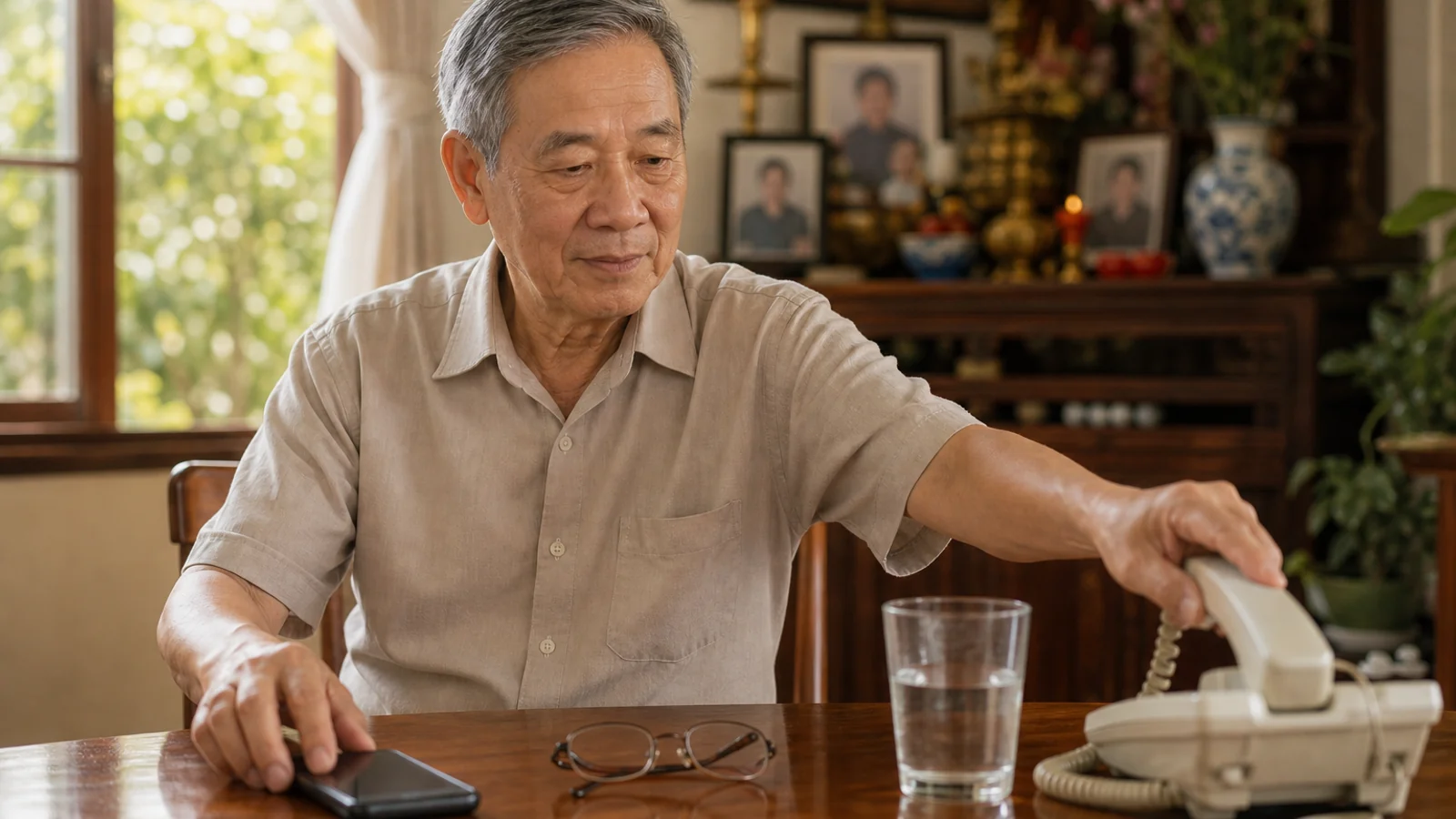 Cụ ông bình tĩnh đặt điện thoại xuống và gọi cho con cháu