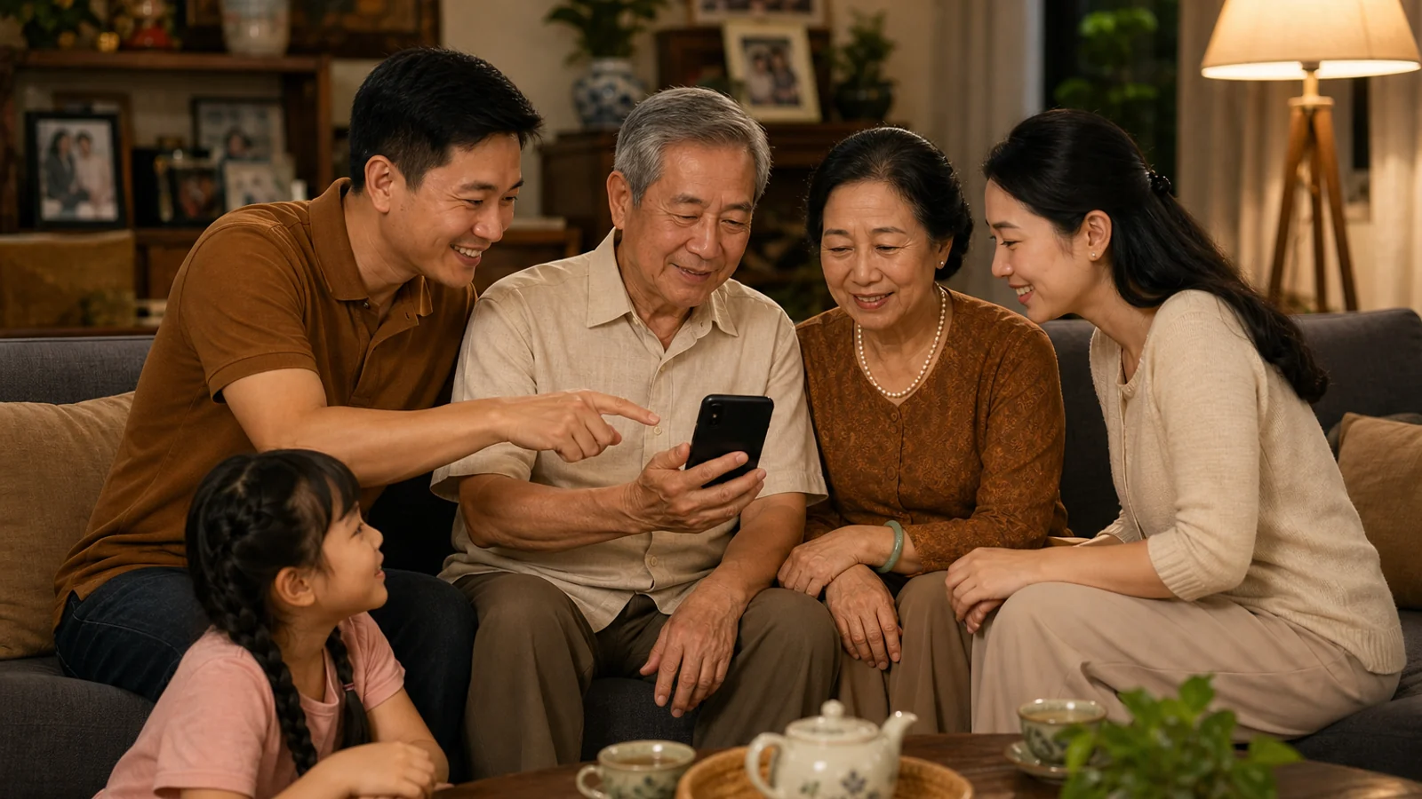 Gia đình nhiều thế hệ quây quần cùng xem điện thoại trong phòng khách ấm cúng