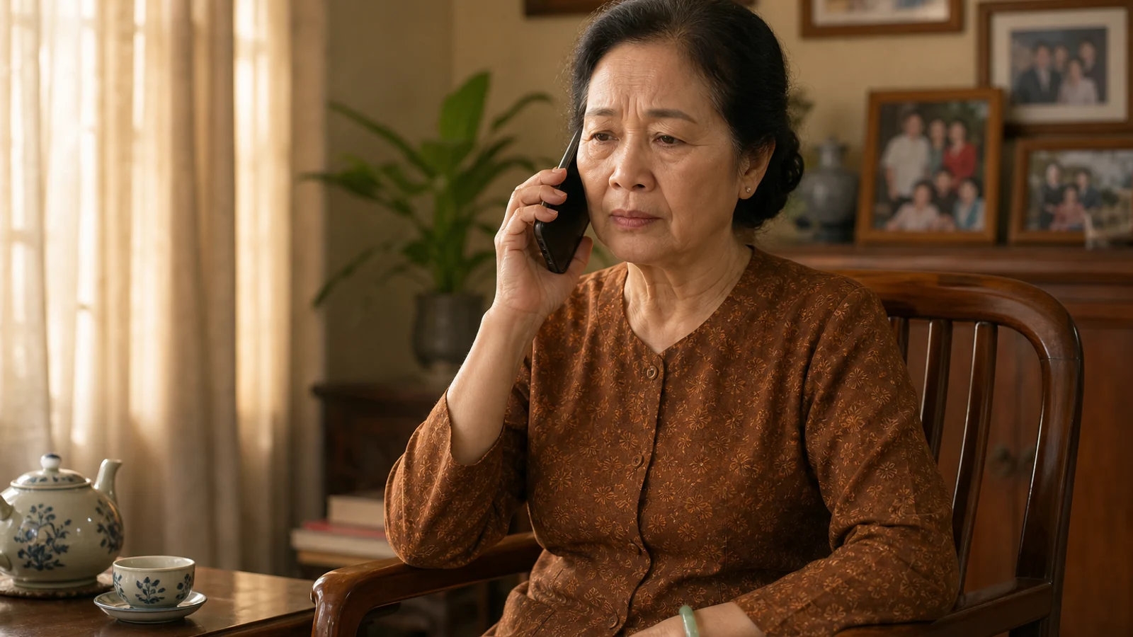 Bà cụ ngồi nghe điện thoại với vẻ mặt lo lắng trong phòng khách ấm cúng