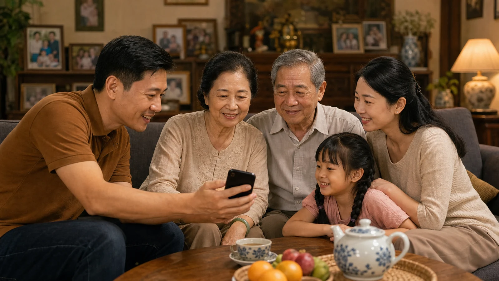 Gia đình nhiều thế hệ quây quần trò chuyện ấm áp bên nhau