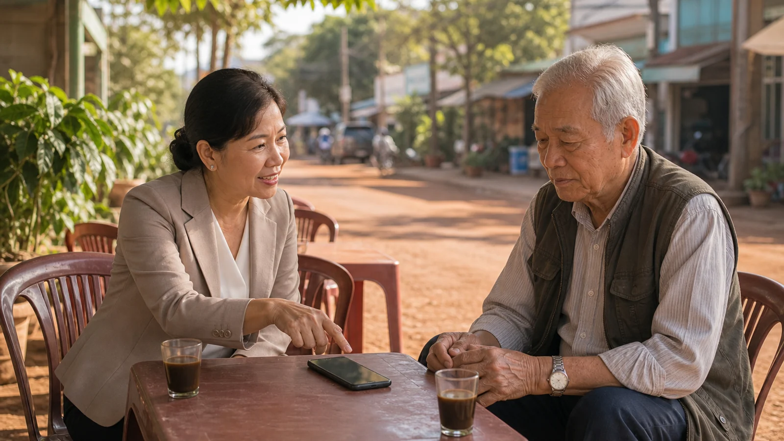 Cảnh quán cà phê ở Gia Lai, người phụ nữ trò chuyện với ông cụ về điện thoại