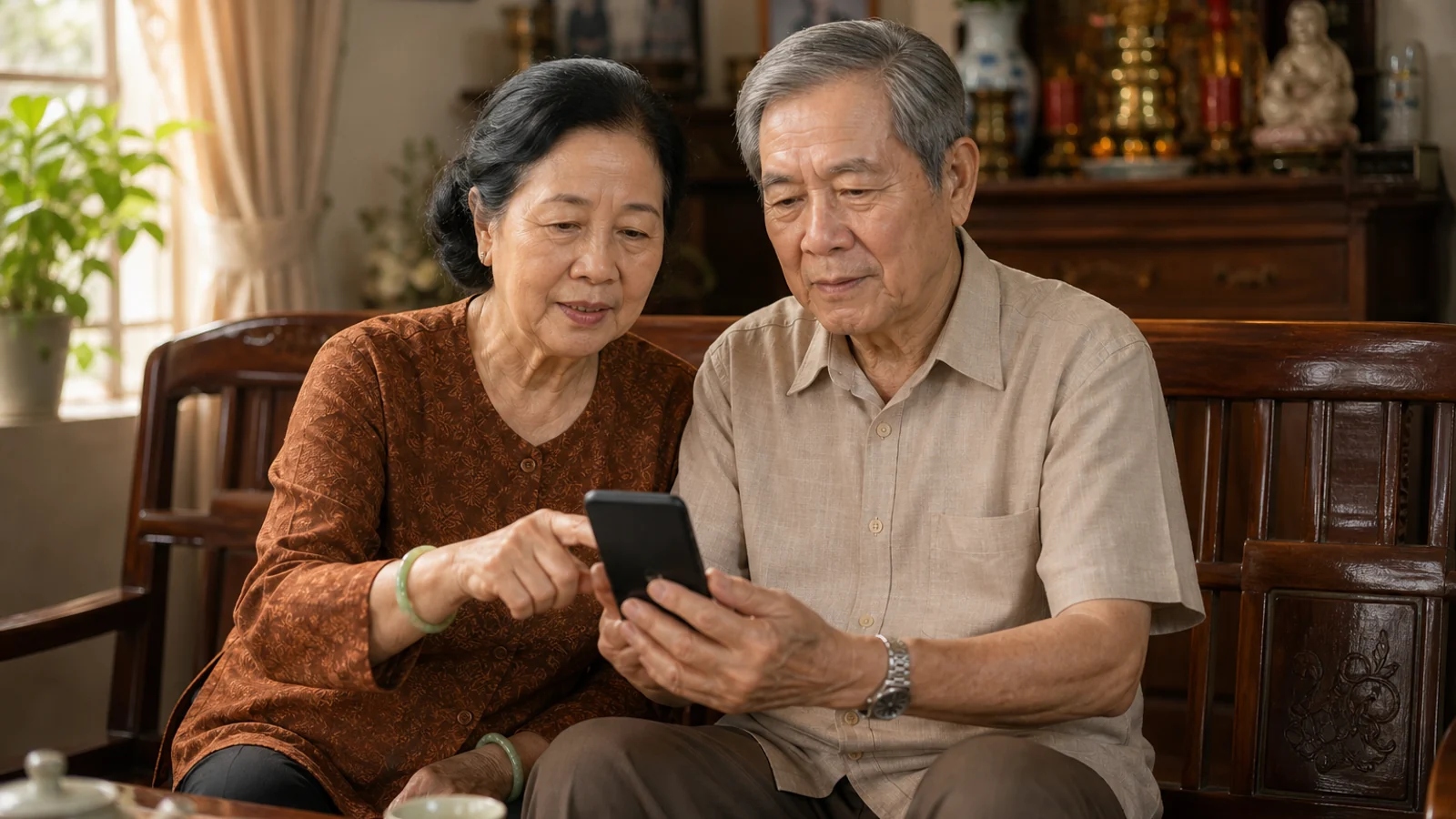 Ông bà cùng xem điện thoại, chú ý các dấu hiệu cảnh giác