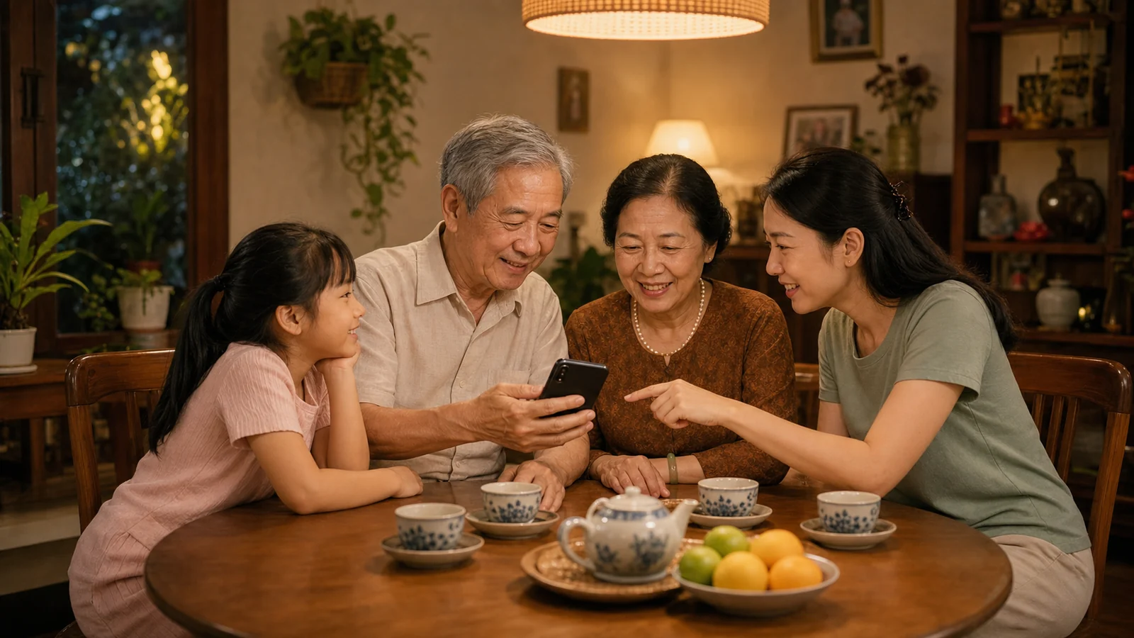 Gia đình ba thế hệ quây quần, con cháu hướng dẫn ông bà dùng điện thoại