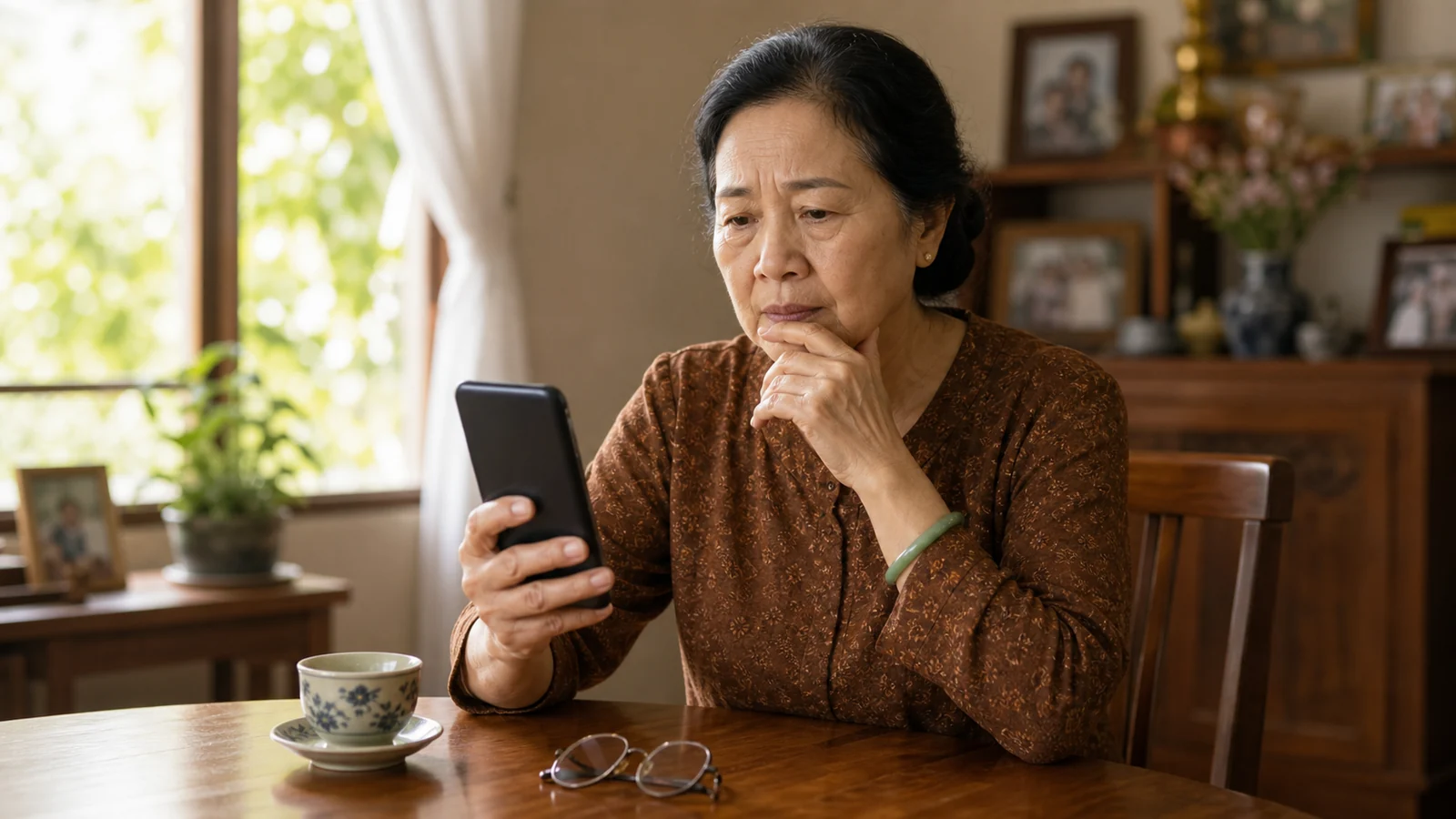 Bà cụ Việt Nam ngồi bên bàn gỗ cầm điện thoại với vẻ băn khoăn