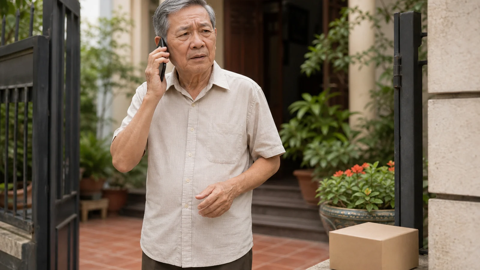 Ông cụ đứng trước cổng nhà nghe điện thoại với vẻ bối rối