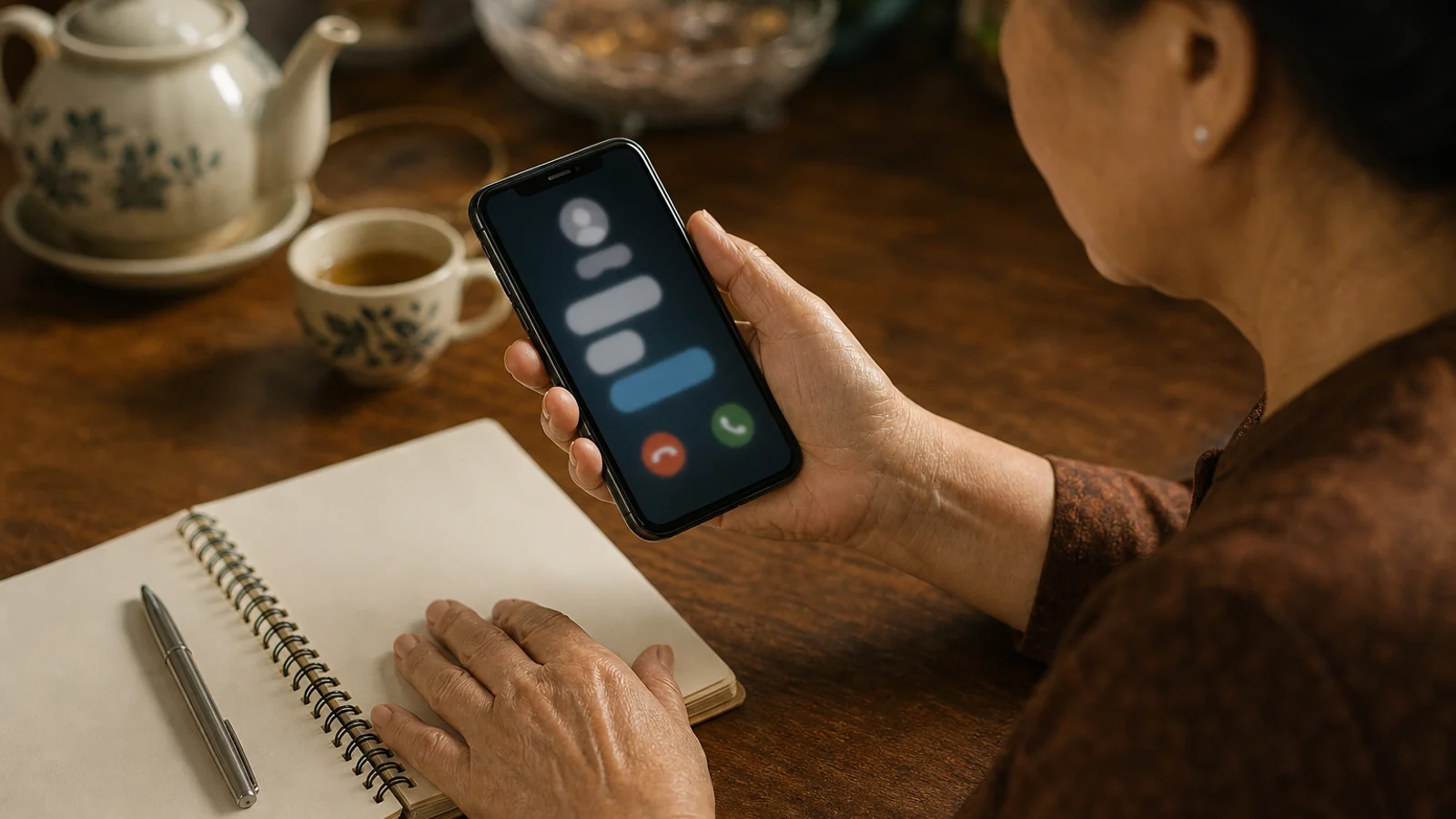 Bàn tay cụ bà cầm điện thoại quan sát kỹ màn hình
