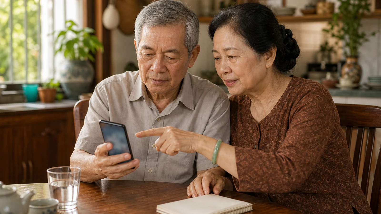 Hai cụ ngồi cùng nhau xem điện thoại bình tĩnh trao đổi