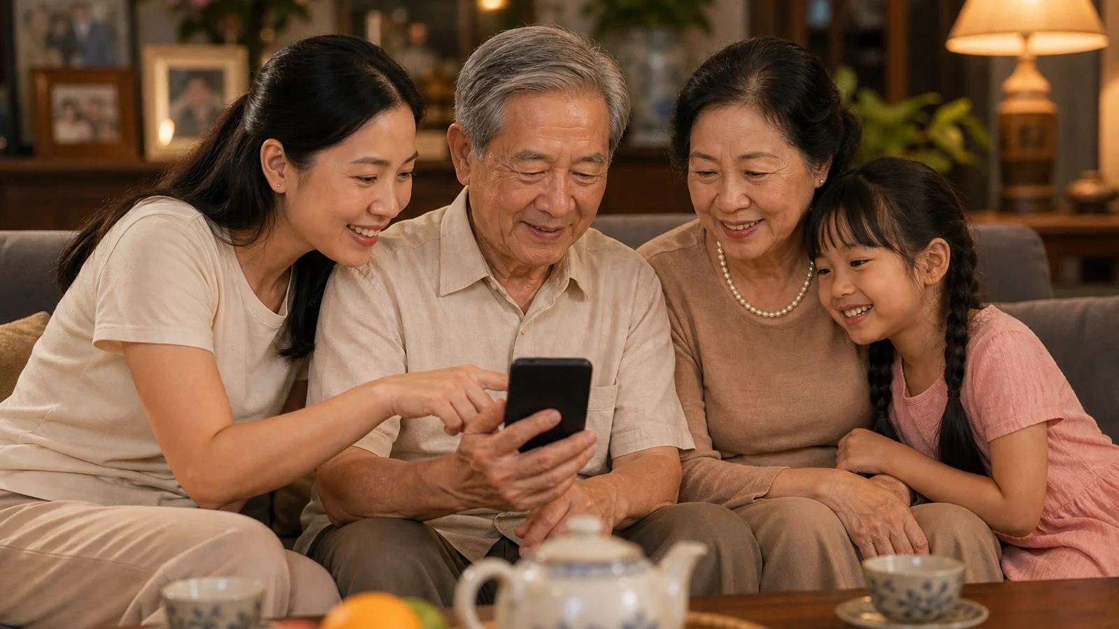 Gia đình nhiều thế hệ quây quần cùng xem điện thoại ấm cúng