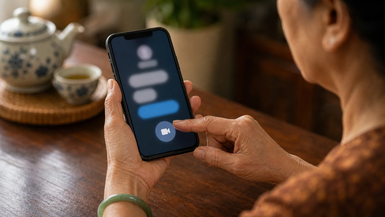 Tay người lớn tuổi bấm nút gọi video trên điện thoại