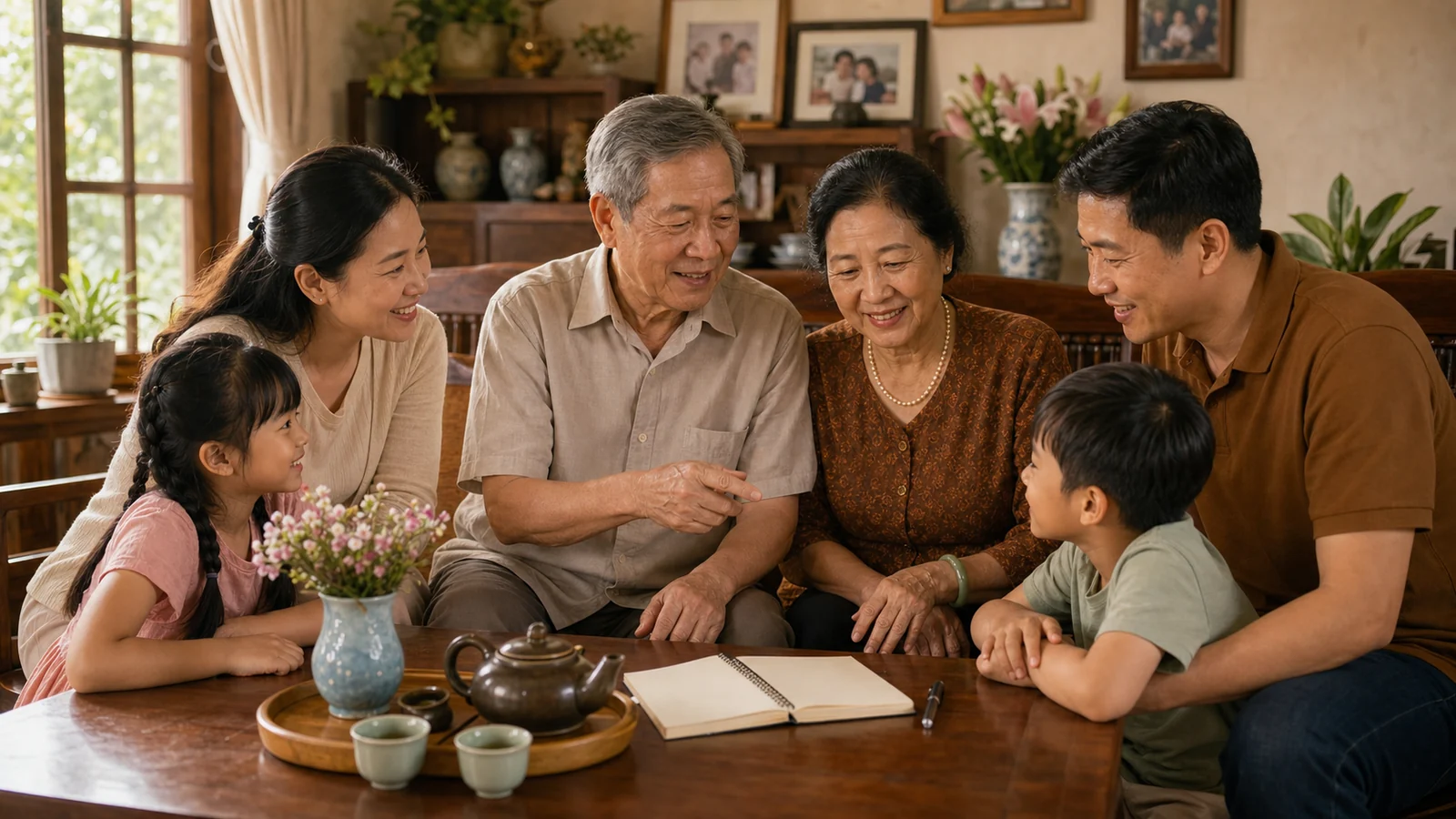 Gia đình ba thế hệ Việt Nam quây quần thảo luận quanh bàn có quyển sổ