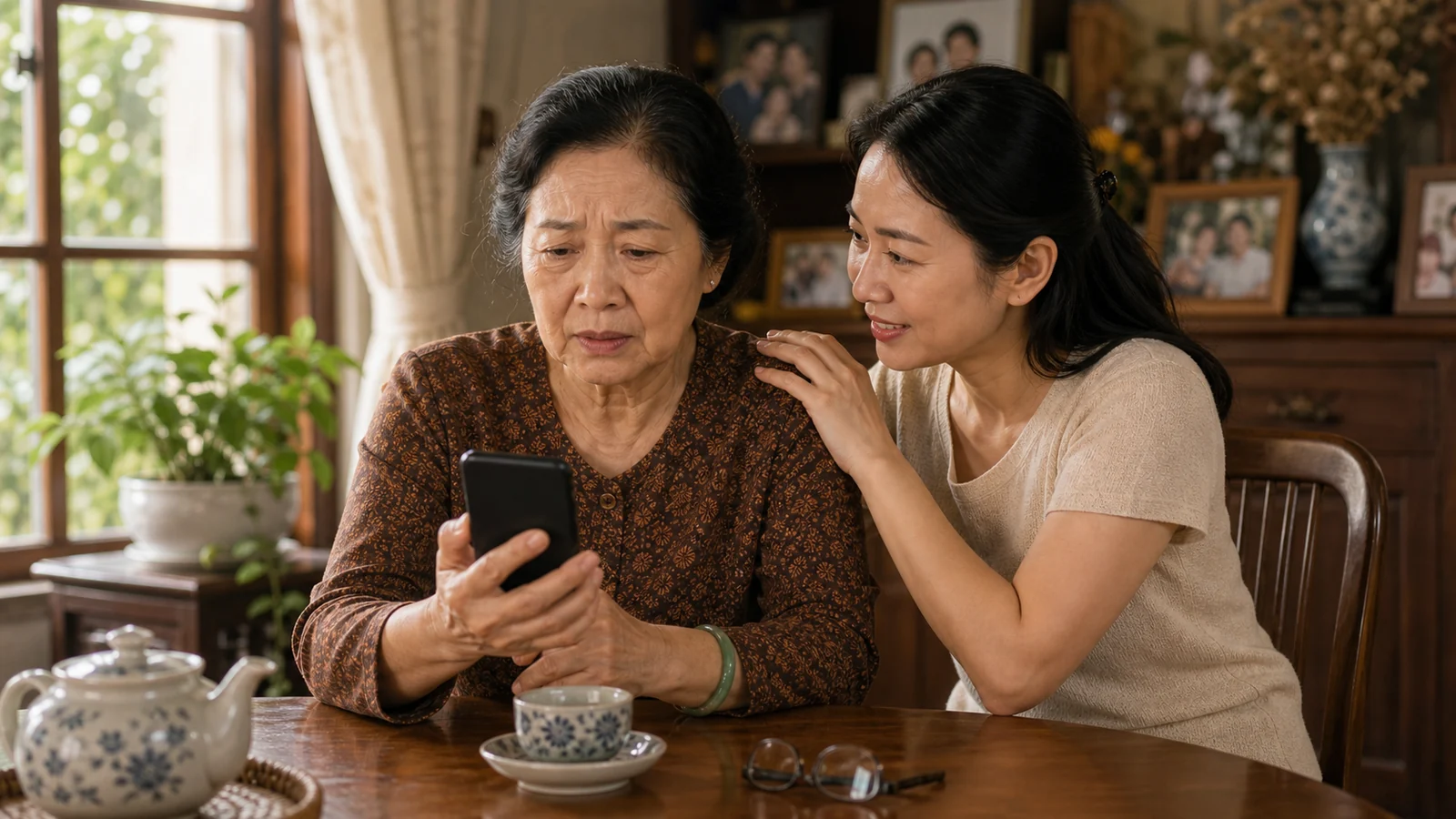 Người phụ nữ lớn tuổi và con gái ngồi cạnh nhau bên bàn ăn, cùng xem điện thoại trong không khí ấm áp