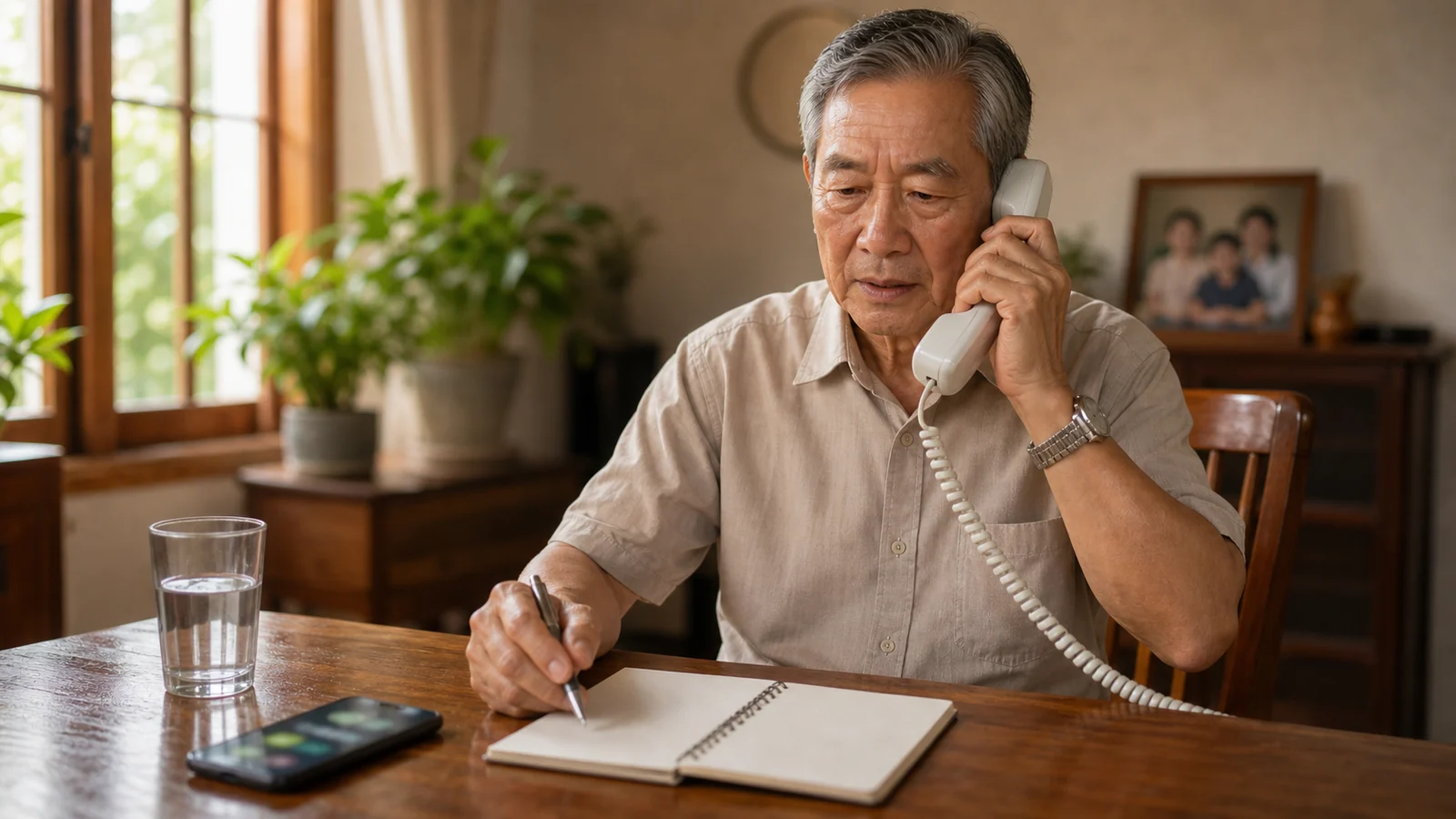 Ông lớn tuổi gọi điện khẩn cho ngân hàng và ghi chú lại các bước cần làm
