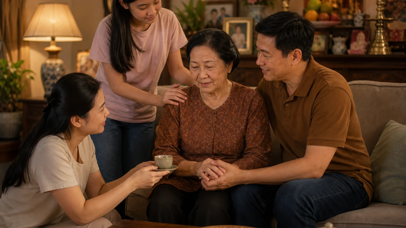 Cả gia đình quây quần an ủi mẹ lớn tuổi sau sự cố, không trách mắng
