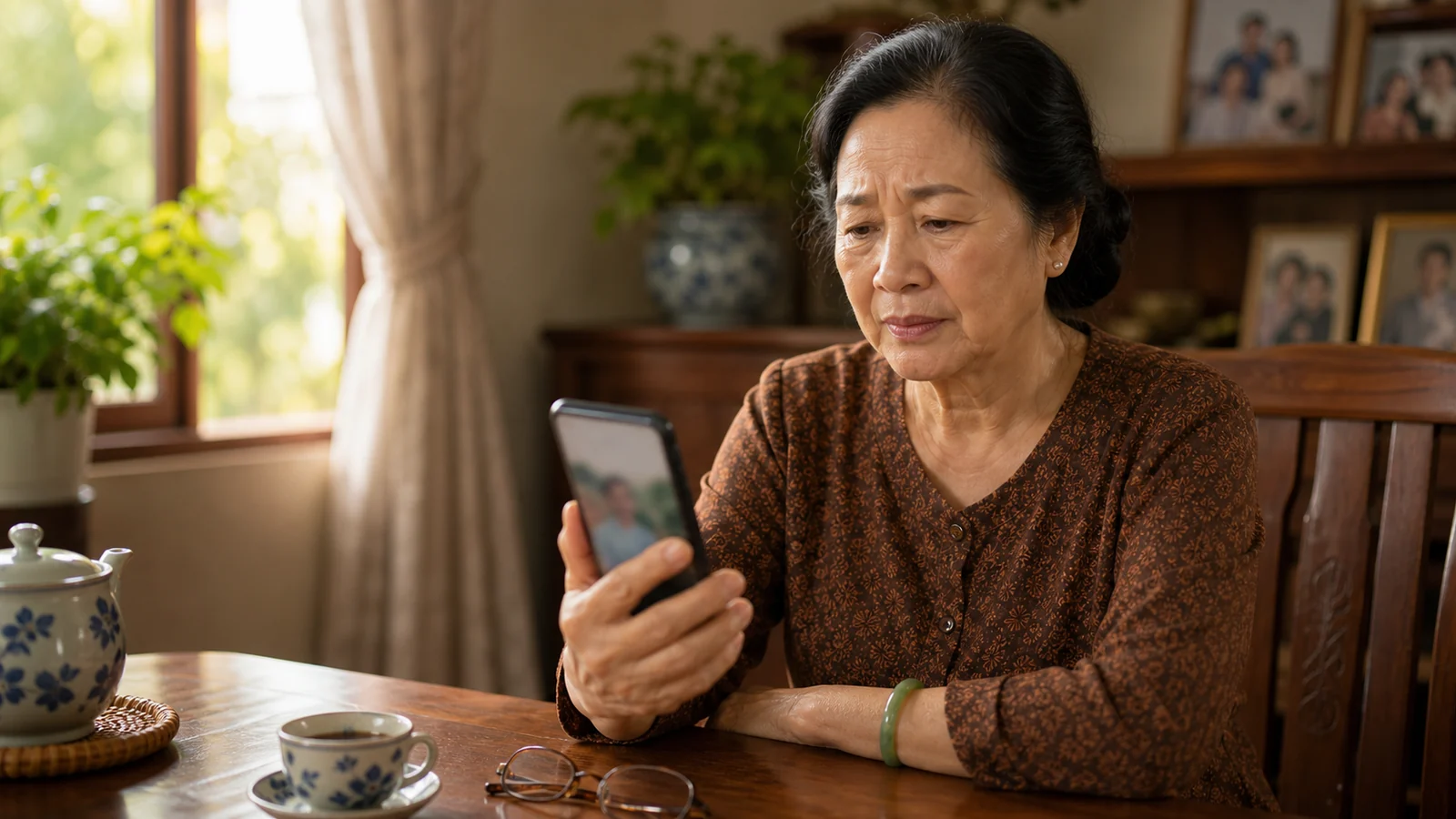 Bà cụ ngồi bên bàn gỗ, cầm điện thoại nhìn màn hình với vẻ băn khoăn