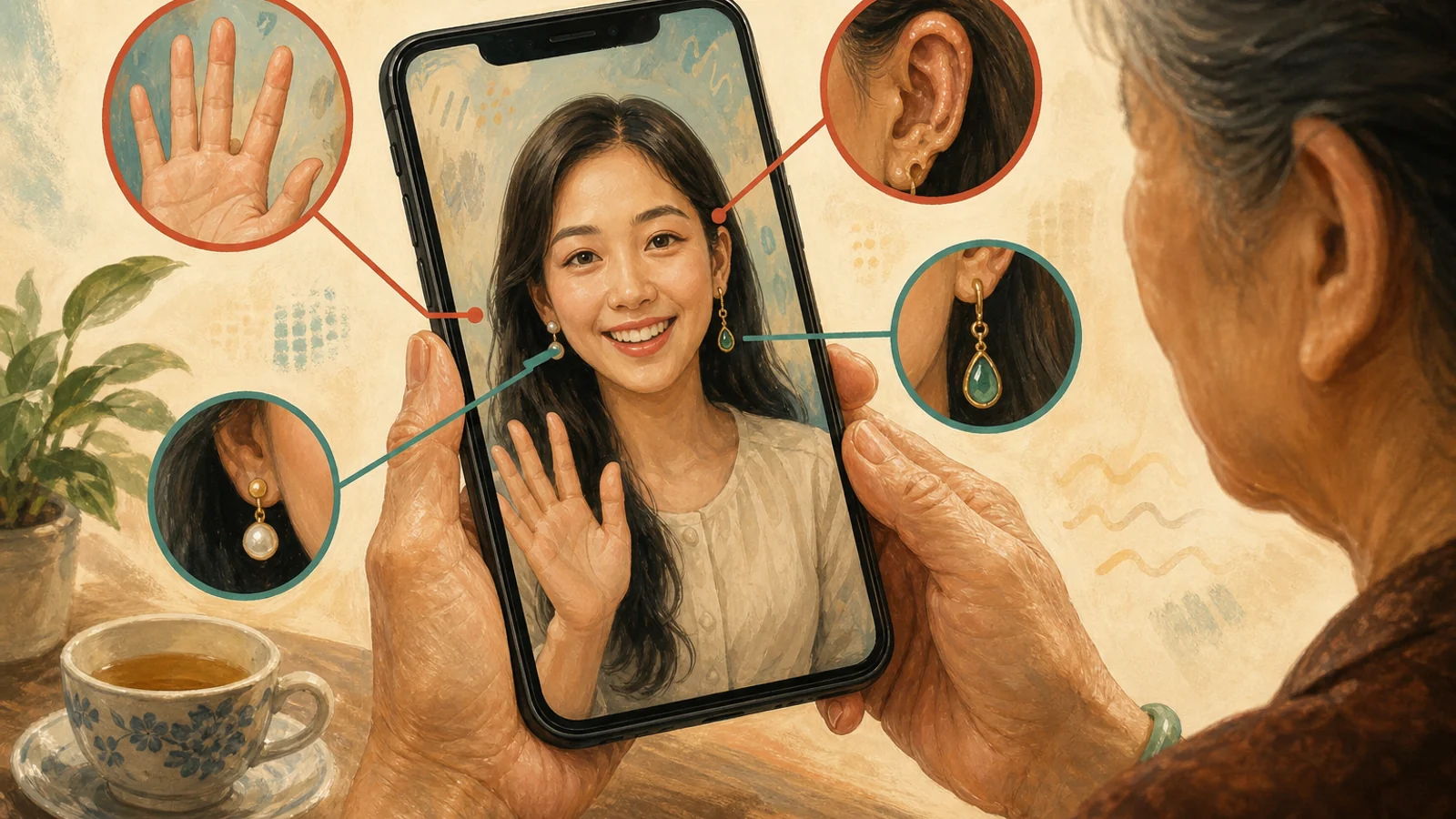 Minh hoạ điện thoại hiển thị ảnh AI với các lỗi tay thừa ngón, chữ méo