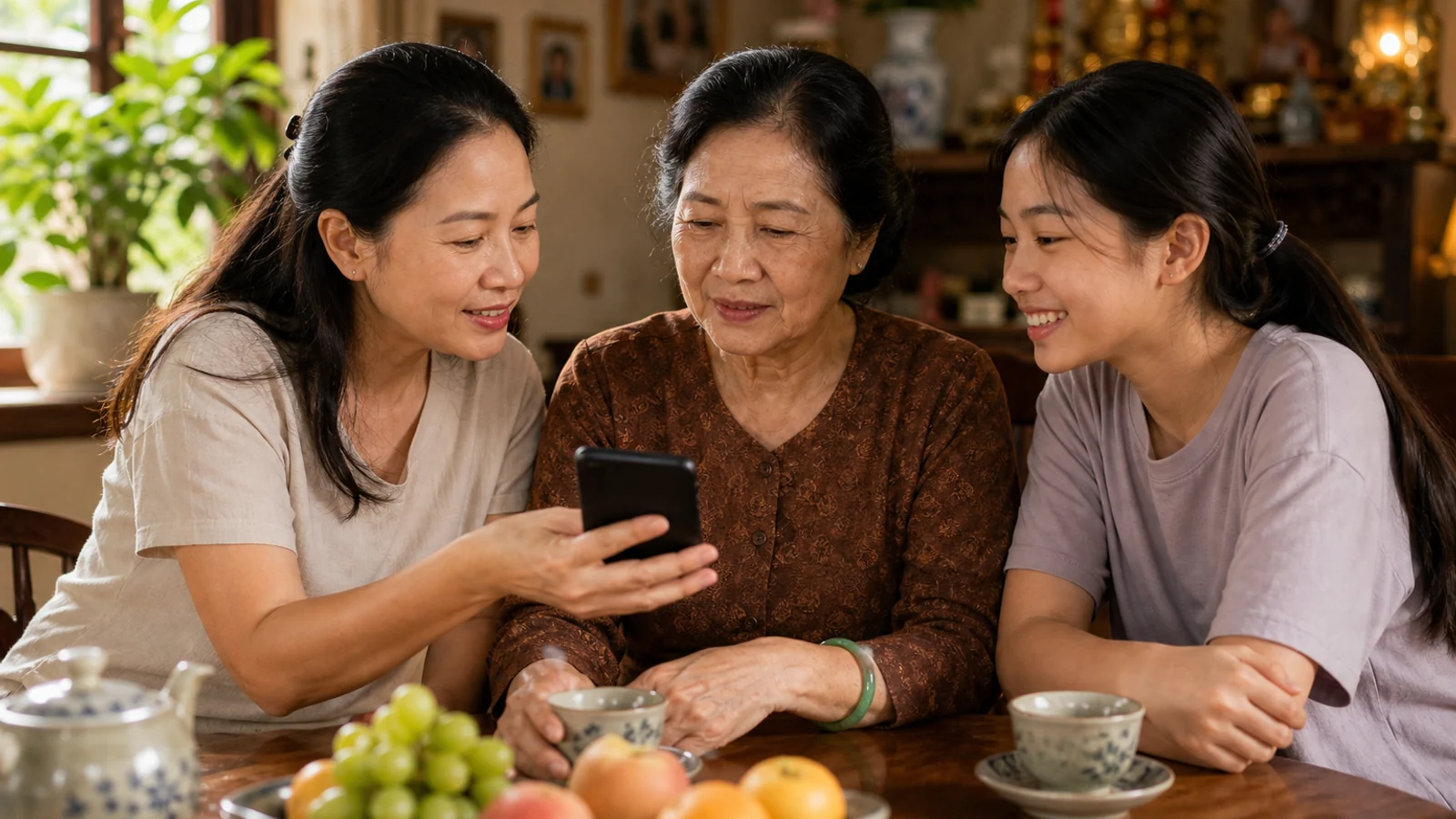 Gia đình ba thế hệ quây quần, con cháu hướng dẫn ông bà dùng điện thoại