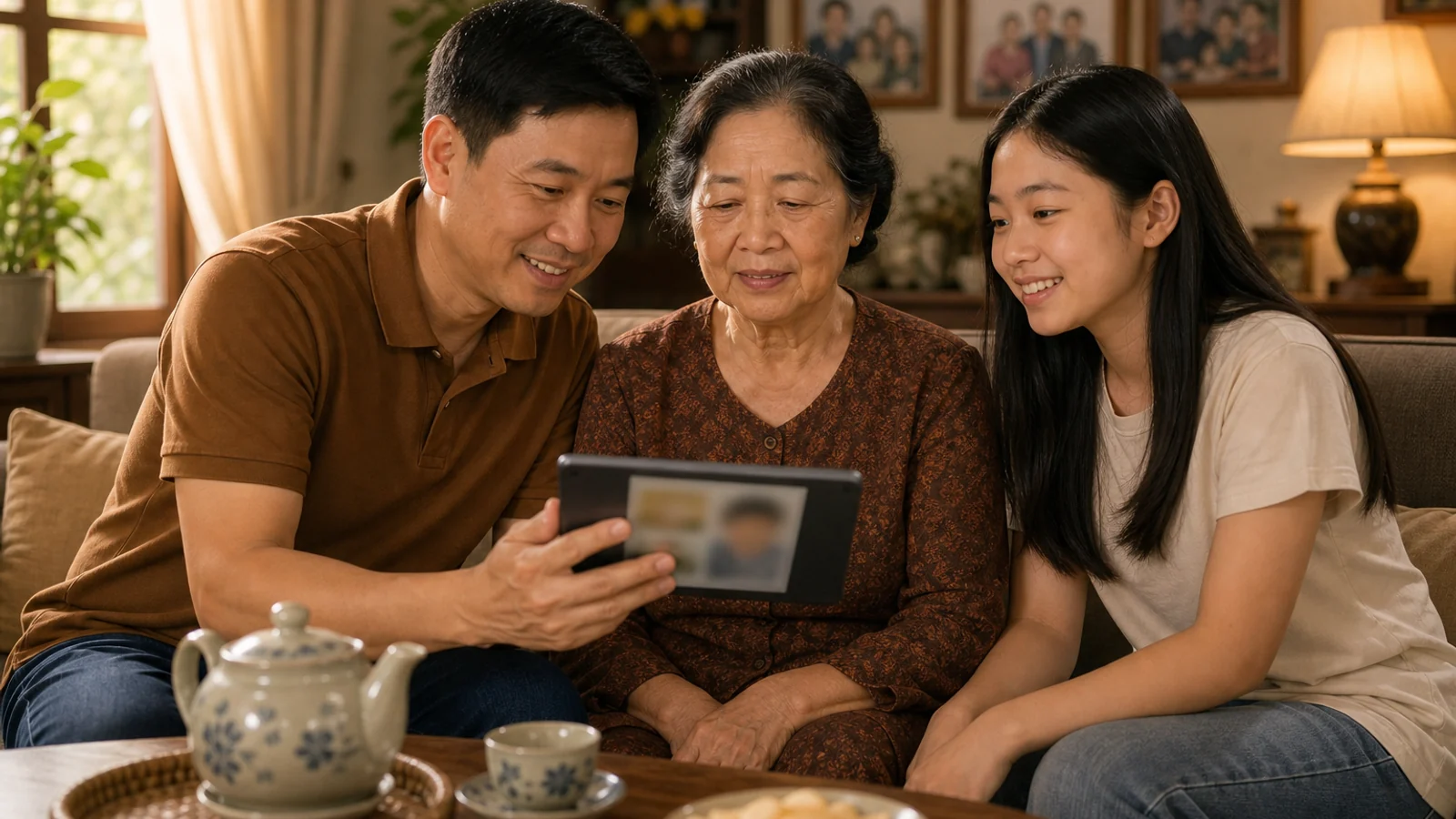 Cả gia đình quây quần cùng bà trao đổi về cách kiểm tra thông tin thuốc